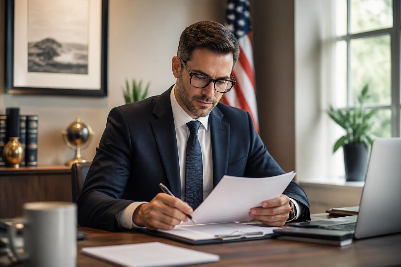 Tax consultant reviewing client documents in a professional office
